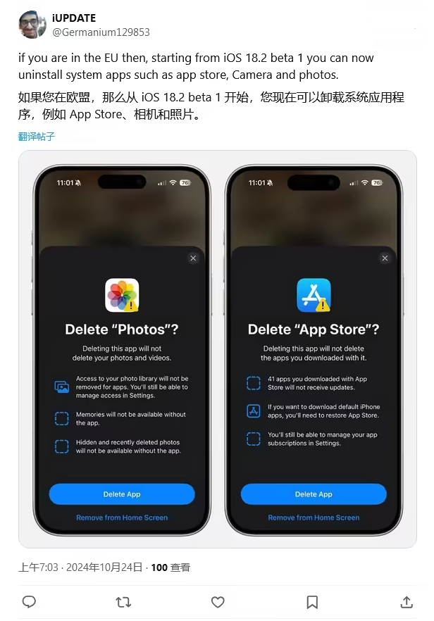 镇赉苹果手机维修分享iOS 18.2 支持删除 App Store 应用商店 