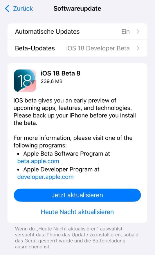 镇赉苹果手机维修分享苹果 iOS / iPadOS 18 开发者预览版 Beta 8 发布 